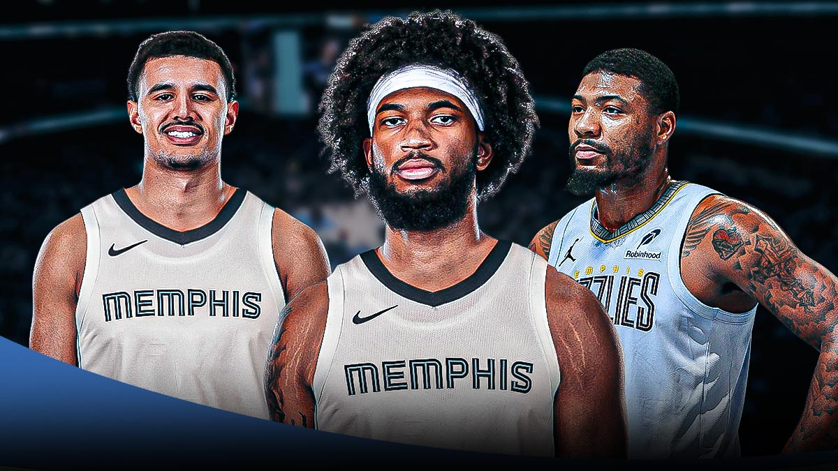 Marcus Smart, Marvin Bagley III and Johnny Davis in Grizzlies uniforms in front of the Grizzlies uniform.