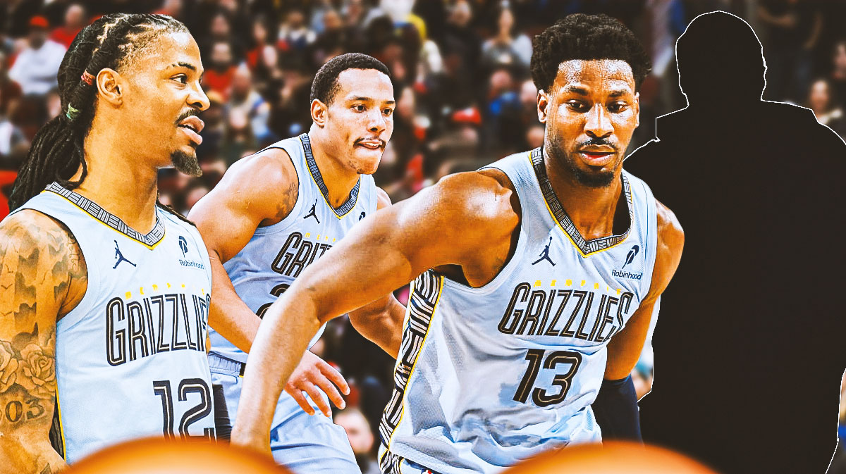 Grizzlies' Ja Morant, Desmond Bane, and Jaren Jackson Jr. and a silhouette of a fourth basketball player