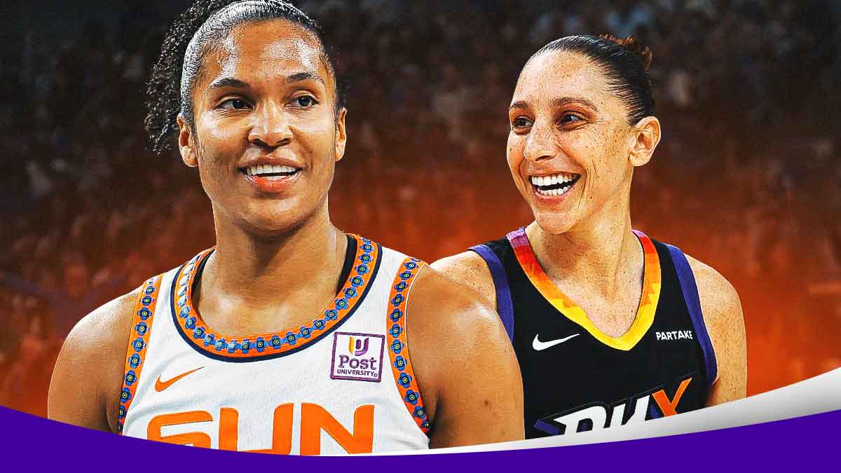 Alyssa Thomas smiling in a Phoenix Mercury jersey, with Diana Taurasi with her back turned with the Mercury's home arena in the background.