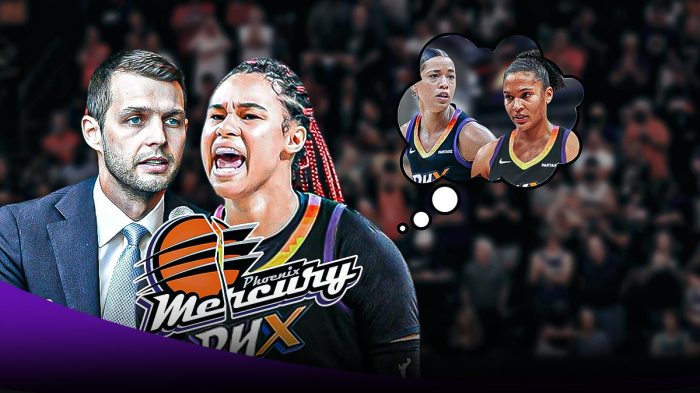 Satou Sabally in a Mercury jersey, with a thought bubble of Alyssa Thomas in a Mercury jersey, and Natasha Cloud in a Mercury jersey. There's also a photo of Mercury general manager Nick U'Ren, smiling, next to her. Plus, there's a Mercury logo that has a ripped effect under Sabally.