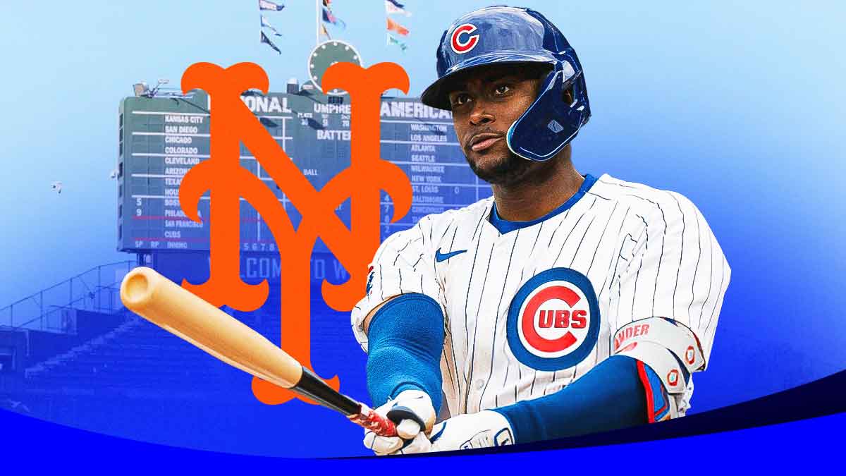 Alexander Canario in Chicago Cubs uniform with NY Mets logo behind him. as mets add cubs minor league power bat in trade.