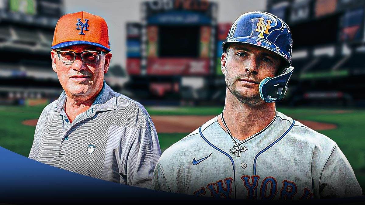 Pete Alonso in a New York Mets uniform with Mets owner Steve Cohen as Alonso is back on the Mets alongside Juan Soto.