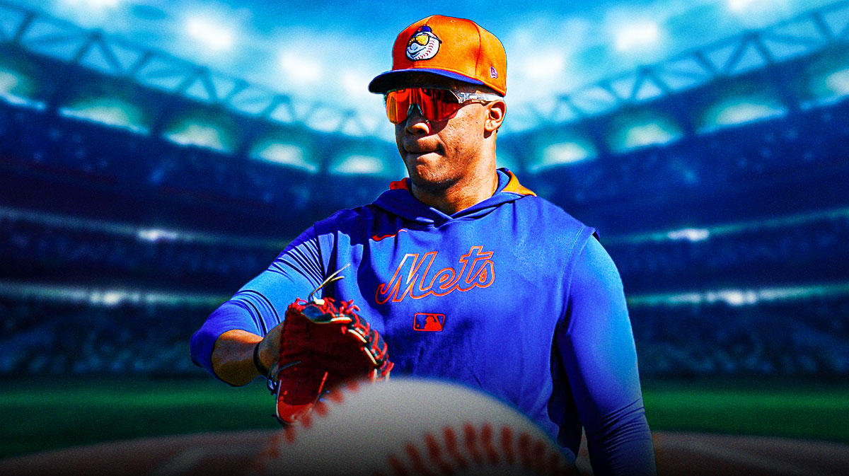 New York Mets star Juan Soto in front of MetLife Stadium.