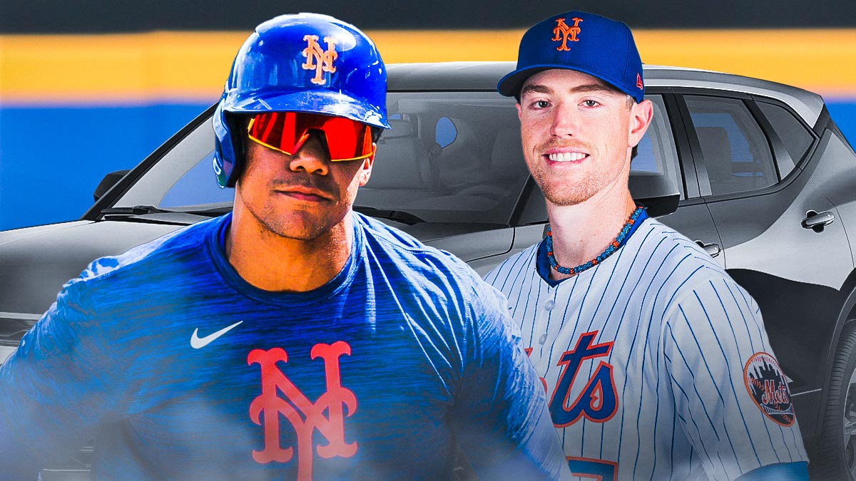 Juan Soto next to Brett Baty both in mets uniforms. There is a brand new Chevy SUV with an arrow pointing to the number 22.