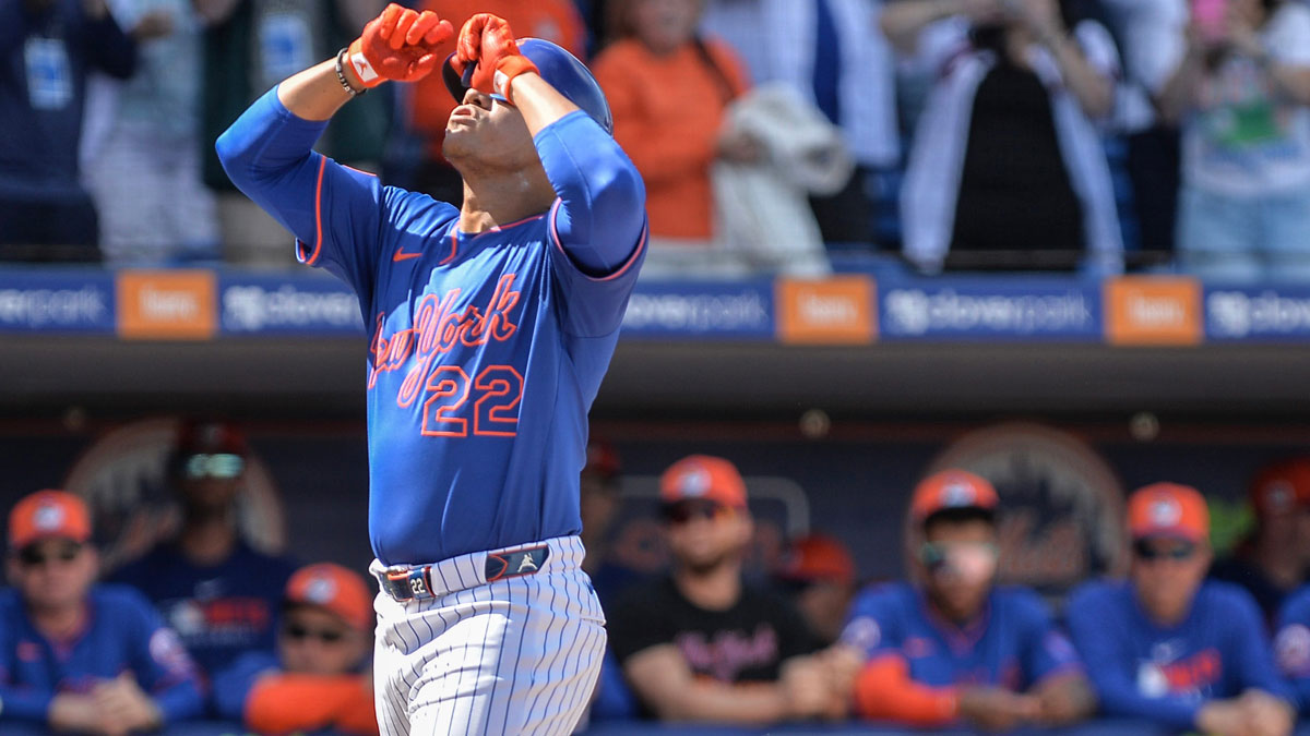 The New York Mets, Juan Soto, celebrates while running the bases after scoring a home run at the opening entrance during the first spring training game at the Mets house against the Houston Astros