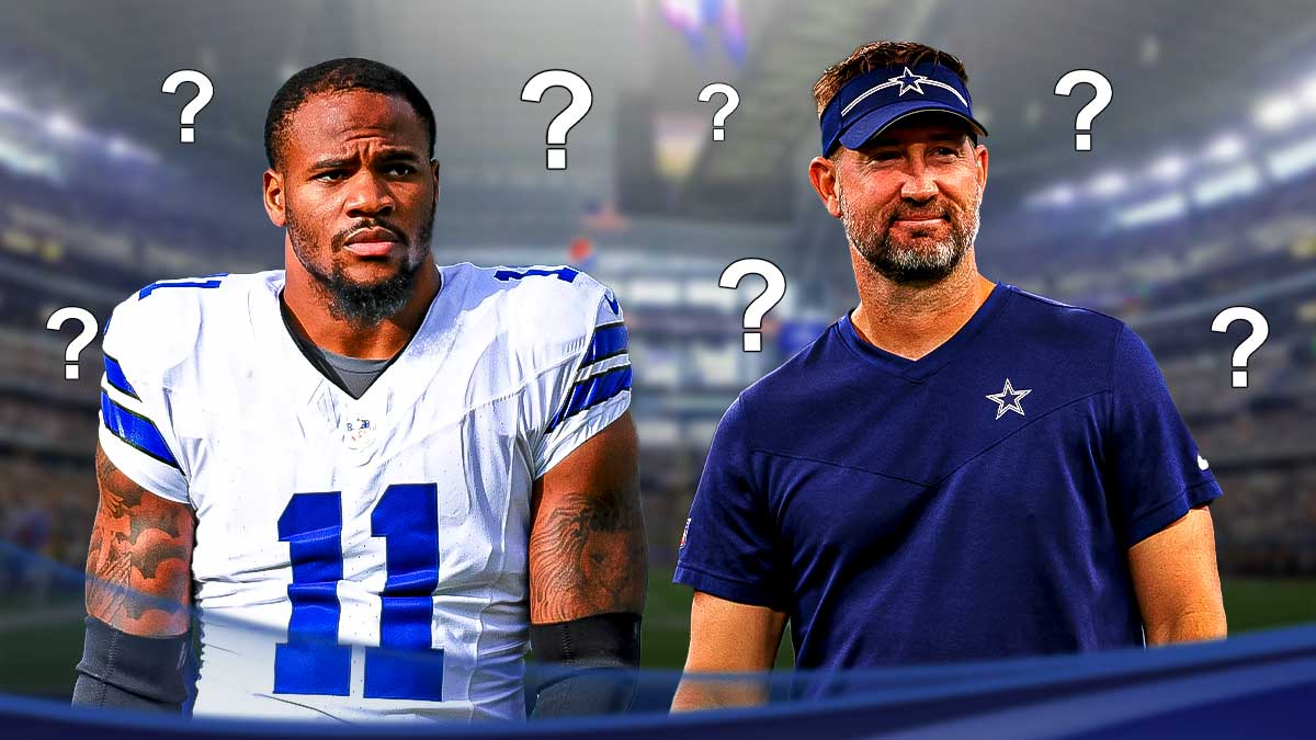 Micah Parsons standing next to Brian Schottenheimer with question mark emojis all around them
