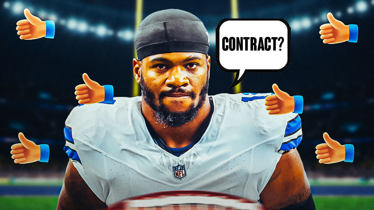 Dallas Cowboys linebacker Micah Parsons smiling and giving a thumbs up, with the word "Contract?" next to him.