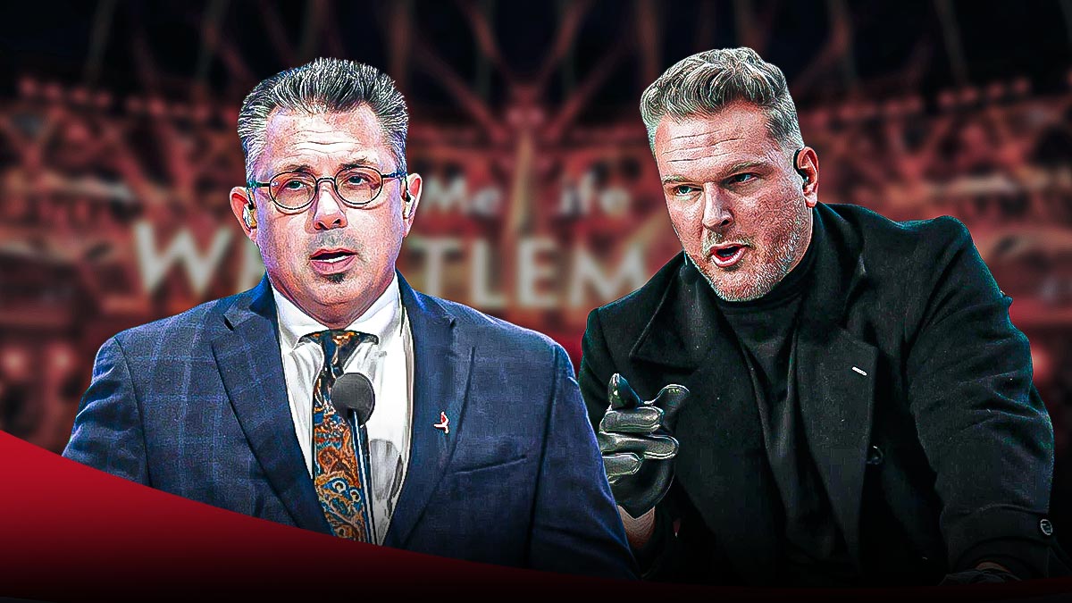 Pat McAfee next to Michael Cole in front of the WrestleMania 35 logo