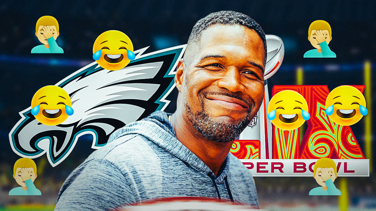 Former Giants DE Michael Strahan laughing at Eagles fans' spelling. Eagles logo and Super Bowl LIX logo in background. Multiple 🤦‍♂️ and 🤣 emojis in background. Background is Caesars Superdome.