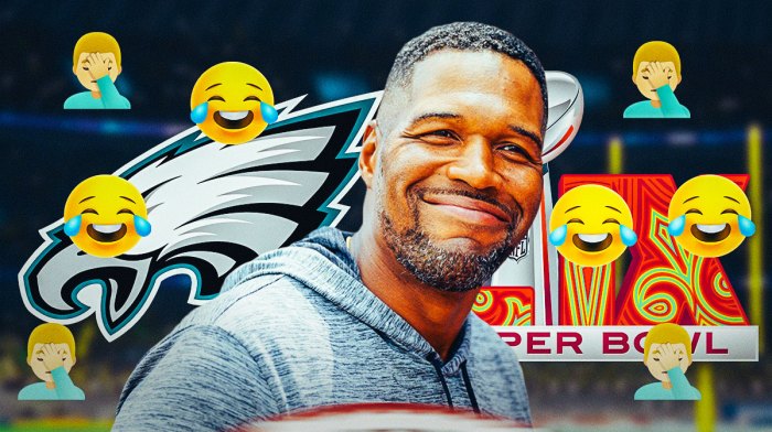 Former Giants DE Michael Strahan laughing at Eagles fans' spelling. Eagles logo and Super Bowl LIX logo in background. Multiple 🤦‍♂️ and 🤣 emojis in background. Background is Caesars Superdome.