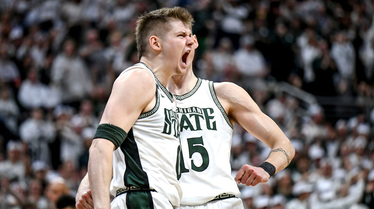 Michigan State's Jaxon Kohler celebrates after scoring and drawing an Oregon foul during the second half on Saturday, Feb. 8, 2025, at the Breslin Center East Lansing.
