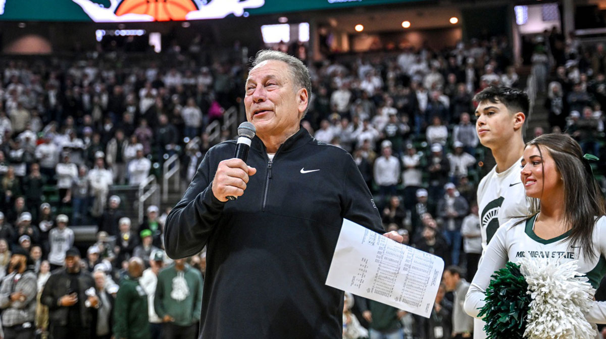 Michigan State's head coach Tom Izzo thanks the crowd after the game against Oregon on Saturday, Feb. 8, 2025, at the Breslin Center East Lansing.