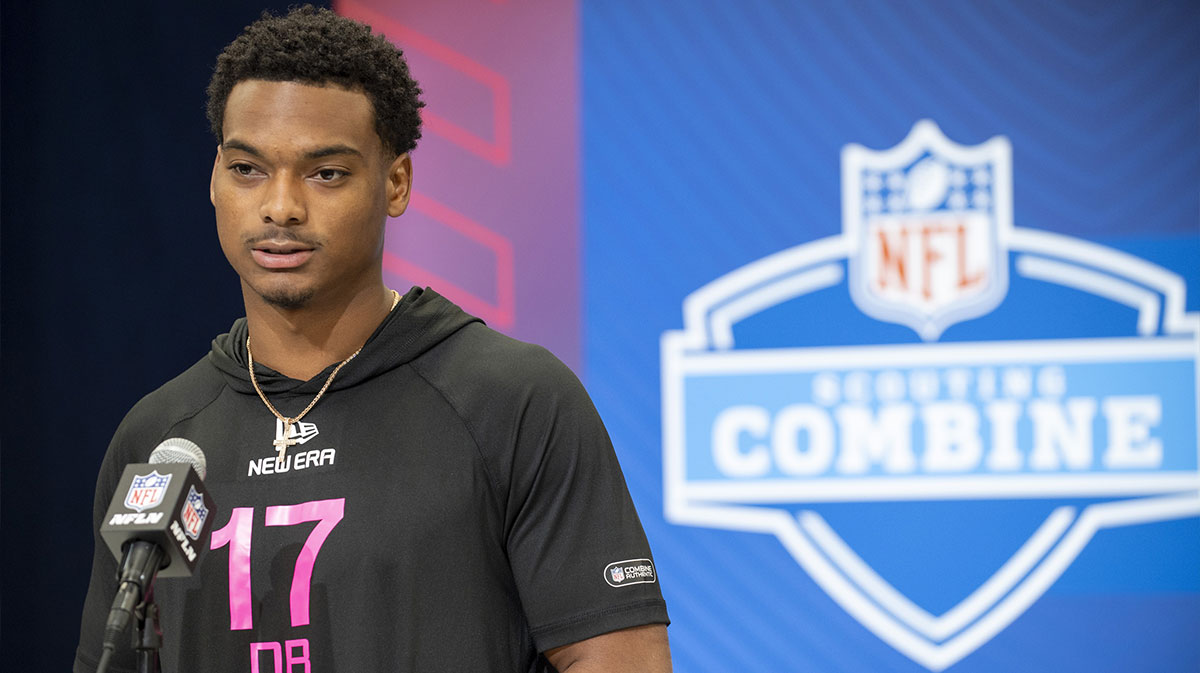 Michigan defensive back Will Johnson (DB17) during the 2025 NFL Combine at Lucas Oil Stadium.