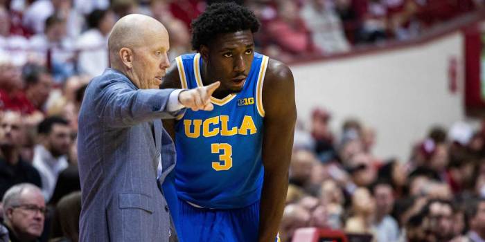 UCLA Bruins head coach Mick Cronin talks to guard Eric Dailey Jr. (3) in the second half against the Indiana Hoosiers at Simon Skjodt Assembly Hall.