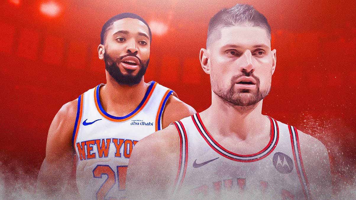 Featured Graphic idea: Knicks Mikal Bridges looking happy and smiling next to image of Bulls Nikola Vucevic looking sad and upset.