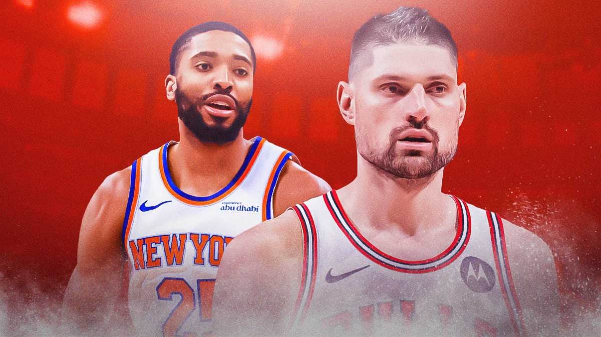 Featured Graphic idea: Knicks Mikal Bridges looking happy and smiling next to image of Bulls Nikola Vucevic looking sad and upset.