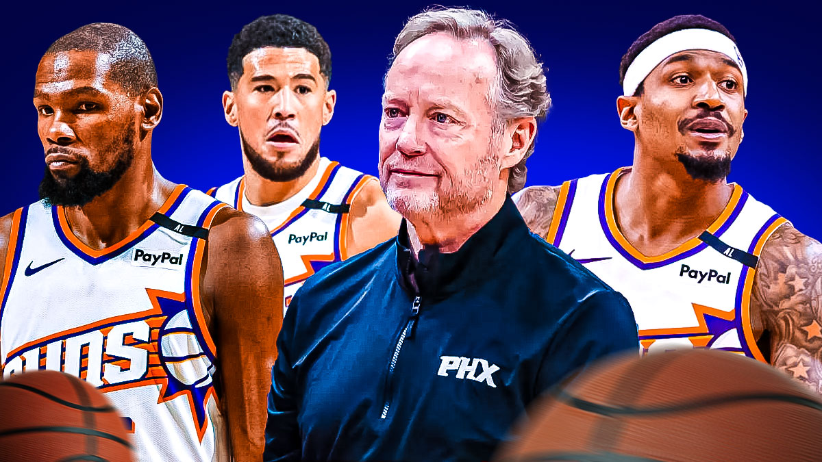 Suns head coach Mike Budenholzer smiling, with Kevin Durant, Devin Booker, and Bradley Beal all passing the ball.