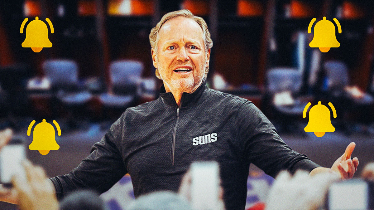 Suns head coach Mike Budenholzer looking shocked with the Suns locker room in the background, and notification emojis around him