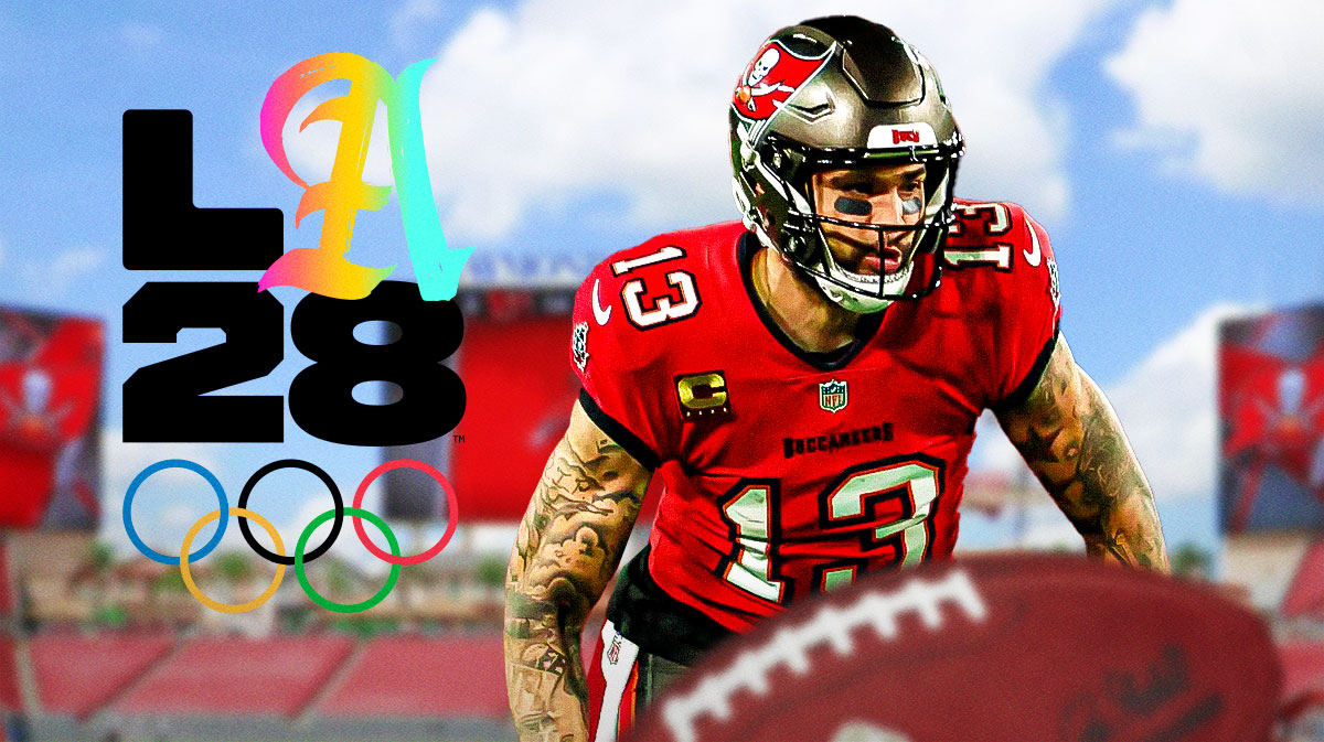 Buccaneers Mike Evans at 2025 Pro Bowl with 2028 Los Angeles Olympics logo behind him