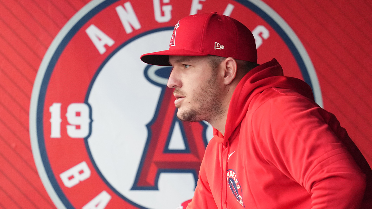  Los Angeles Angels center fielder Mike Trout watches from the dugout during the game against the San Diego Padres at Angel Stadium. 