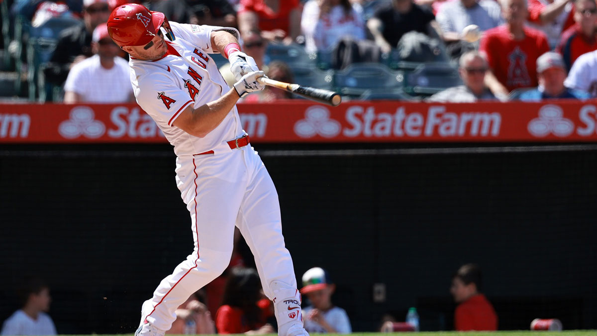 Apr 24, 2024; Anaheim, California, USA; Los Angeles Angels designated hitter Mike Trout (27) hits a home run during the sixth inning against the Baltimore Orioles at Angel Stadium. 