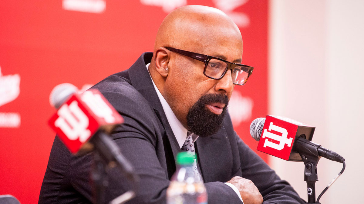 Indiana Head Coach Mike Woodson during the postgame press conference during the Indiana versus Michigan mens basketball game at Simon Skjodt Assembly Hall on Saturday, Feb. 8, 2025.