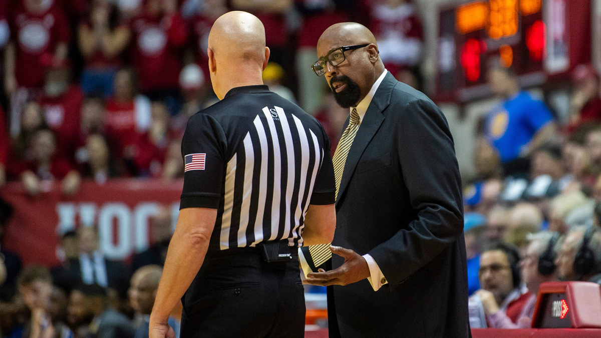 Indiana Head Coach Mike Woodson talks with an official during the Indiana versus UCLA men's basketball game at Simon Skjodt Assembly Hall on Friday, Feb. 14, 2025.
