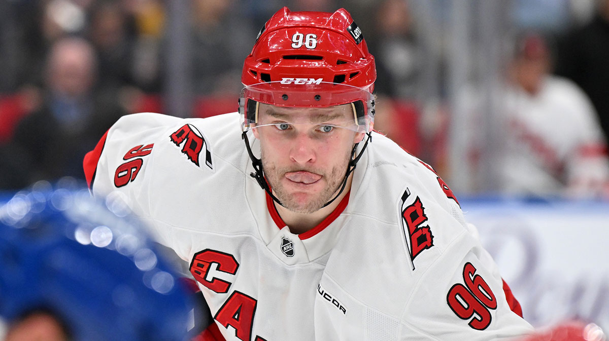 Carolina Hurricanes forward Mikko Rantanen (96) prepares for a face-off against the Toronto Maple Leafs in the second period at Scotiabank Arena.