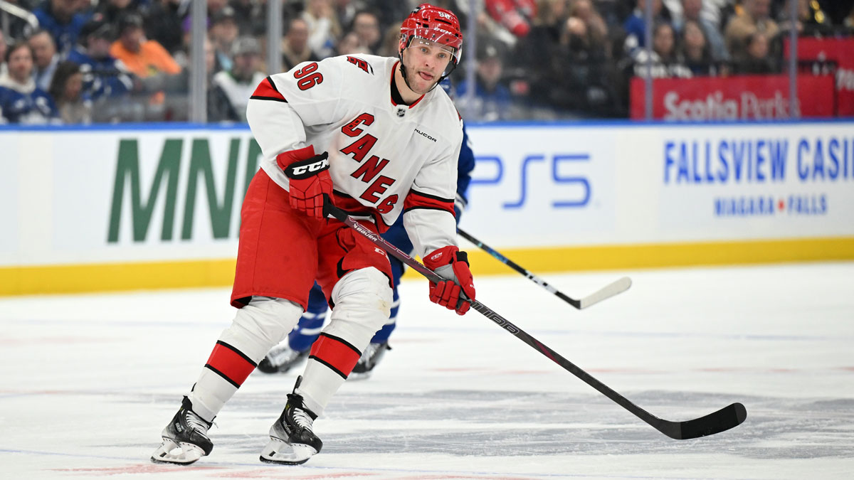 Carolina Hurricanes forward Mikko Rantanen (96) receives a pass in the third period against the Toronto Maple Leafs at Scotiabank Arena.