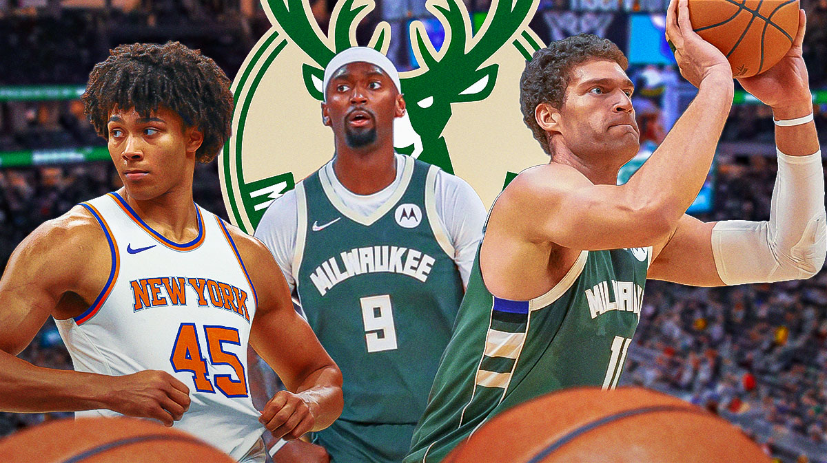 Brook Lopez, Bobby Portis Jr. and Jericho Sims all in image, Milwaukee Bucks logo, basketball court in background