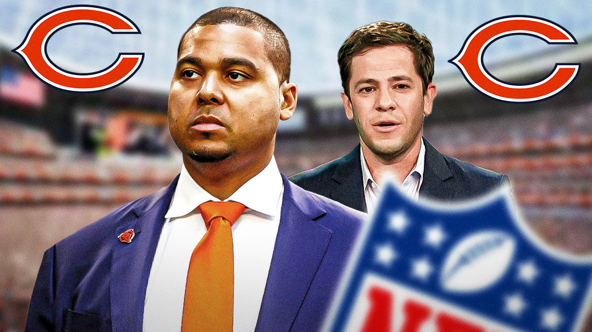Chicago Bears GM next to NFL.com's Gregg Rosenthal. There is also a logo for the Chicago Bears.