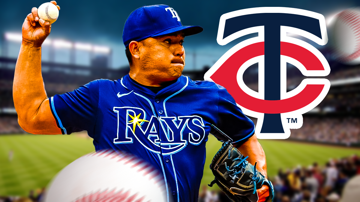 Erasmo Ramirez pitching in a Tampa Bay Rays uniform with a Minnesota Twins logo behind him as ramirez is latest twins free agency signing.