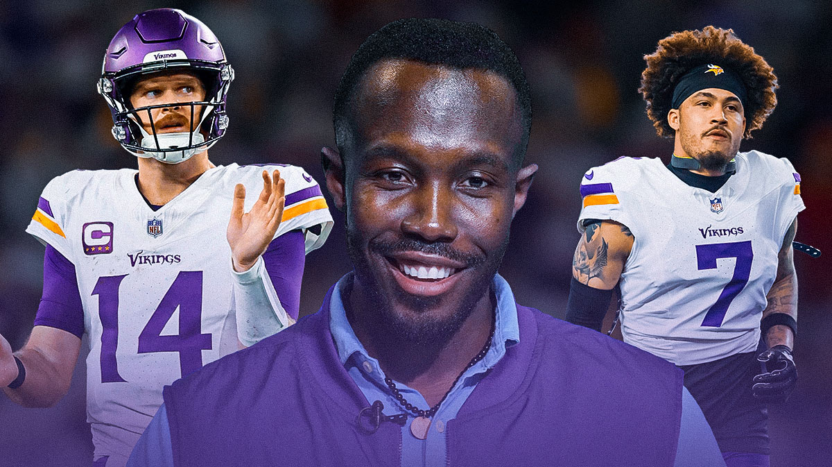 Kwesi Adofo-Mensah next to Byron Murphy and Sam Darnold in front of the Vikings stadium.