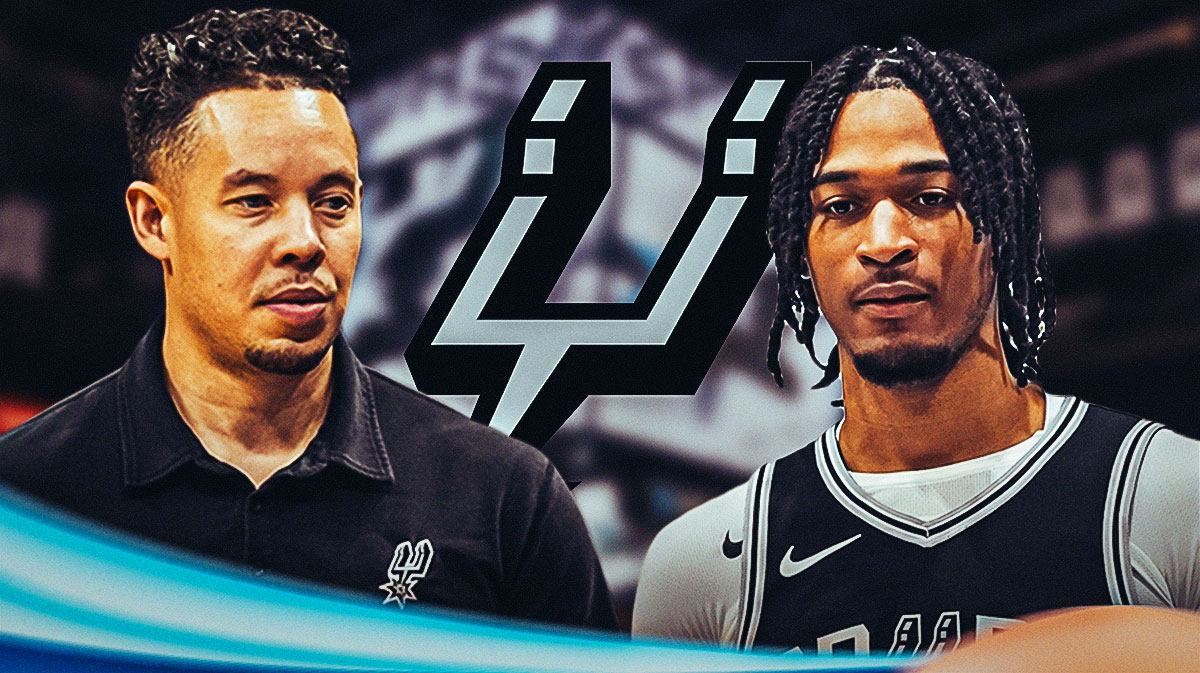 Stephon Castle looking perplexed image, Mitch Johnson serious image, Spurs logo