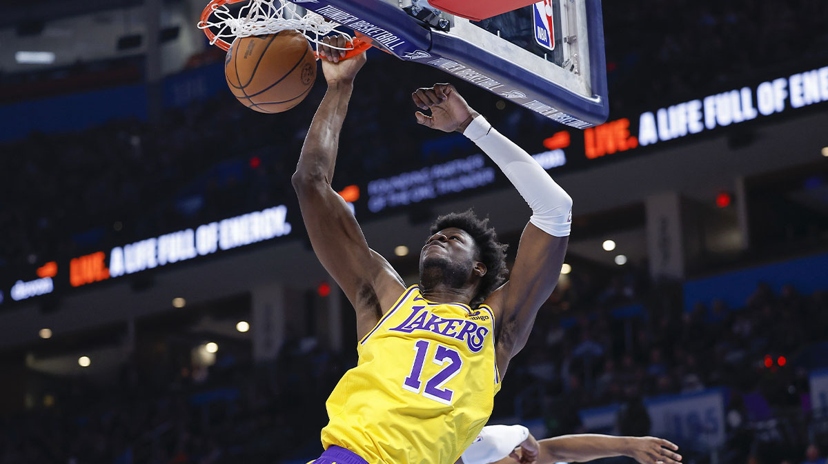 Los Angeles Lakers center Mo Bamba (12) dunks against the Oklahoma City Thunder during the second half at Paycom Center. 