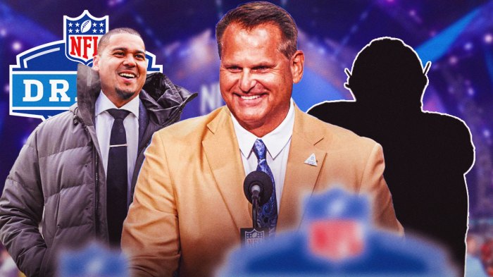Chicago Bears GM Ryan Poles with 2025 NFL Draft logo behind him. Next to Poles is Bears Hall of Famer Jimbo Covert (in uniform please). Next to Covert is SILHOUETTE of LSU OT Will Campbell. Background is NFL draft stage.