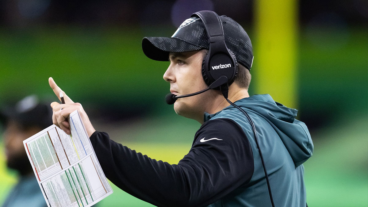 Philadelphia Eagles offensive coordinator Kellen Moore against the Kansas City Chiefs during Super Bowl LIX at Ceasars Superdome.