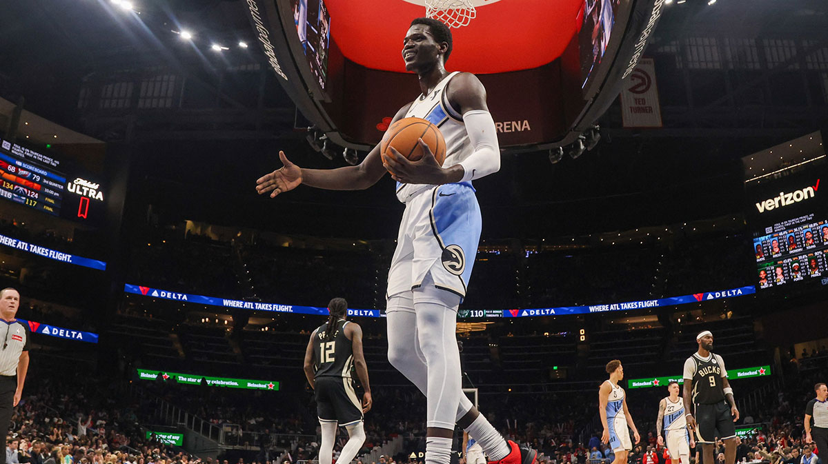 Atlanta Hawks striker Mouhamed Gueye (18) reacts after a game against the Milwaukee Bucks in the fourth quarter to State Farm Arena. 