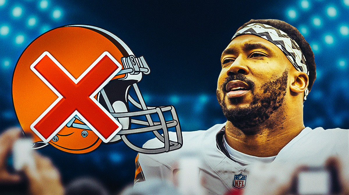 Myles Garrett in a Cleveland Browns uniform next to a Cleveland Browns logo with a big red X through it, as Garrett shut down contract talks with the browns insisting on a trade.