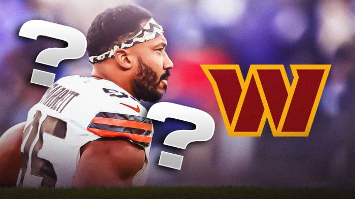 Browns' Myles Garrett next to Commanders logo with question marks around him
