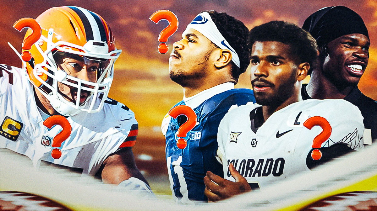 Myles Garrett on one side, and Abdul Carter, Shedeur Sanders, and Travis Hunter grouped together with question marks surrounding them.