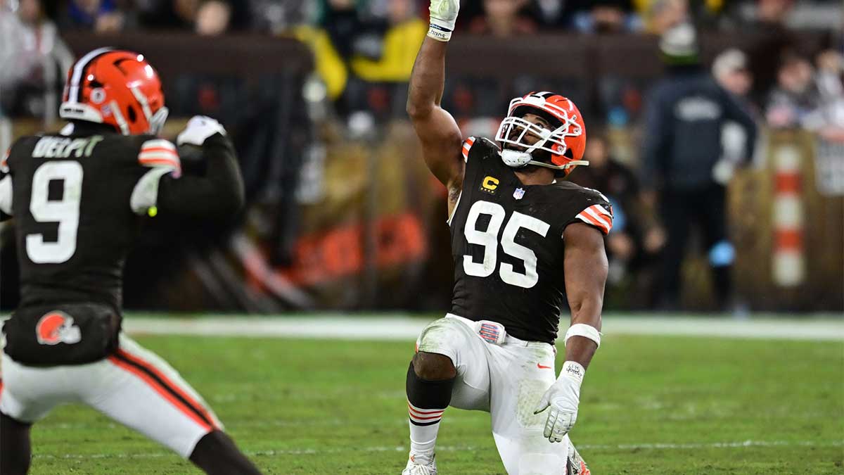 Cleveland Browns defensive end Myles Garrett (95) celebrates after a sack during the second half against the Miami Dolphins at Huntington Bank Field.