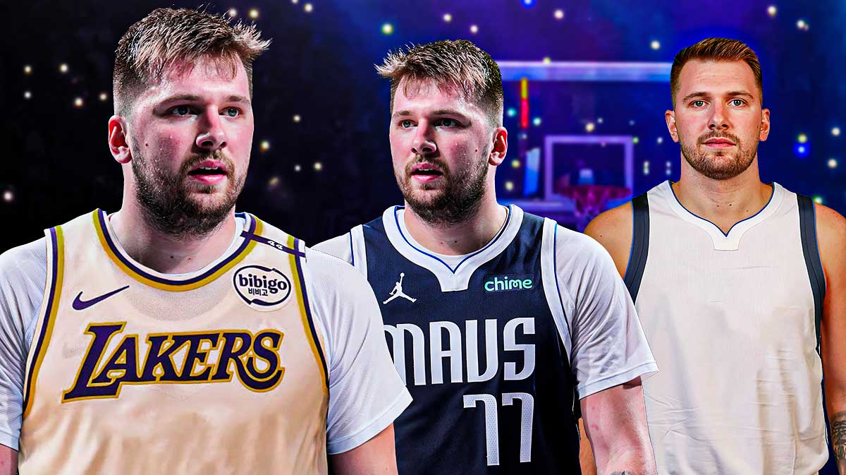 Luka Doncic in Lakers jersey, a Mavs jersey, and a mystery jersey.