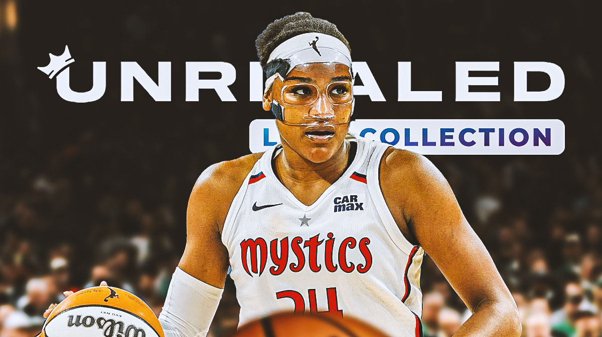 WNBA Washington Mystics player Aaliyah Edwards on a basketball court with the Unrivaled Basketball League logo