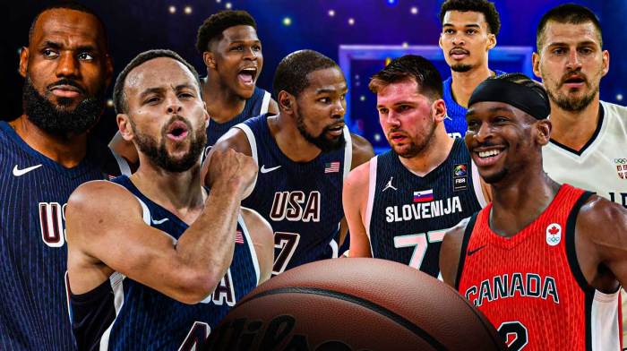 LeBron James, Stephen Curry, Anthony Edwards, Kevin Durant all wearing Team USA gear on one side of graphic. On other side is Nikola Jokic (Serbia), Shai Gilgeous-Alexander (Canada), Luka Doncic (Slovenia), Victor Wembanyama (France) all wearing their respective international uniforms.