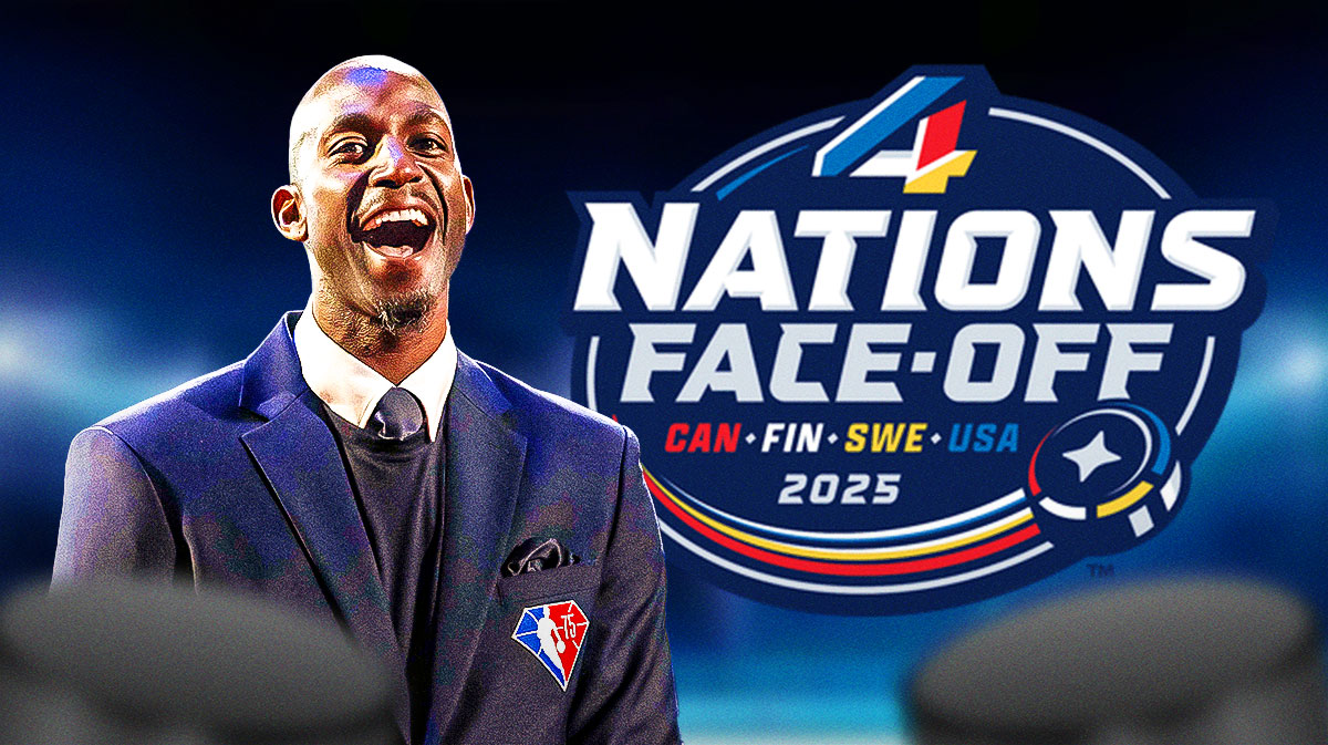 Kevin Garnett in front of the 4 Nations hockey tournament logo.