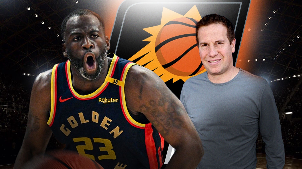 Warriors' Draymond Green and Suns' Mat Ishbia with Suns logo behind them