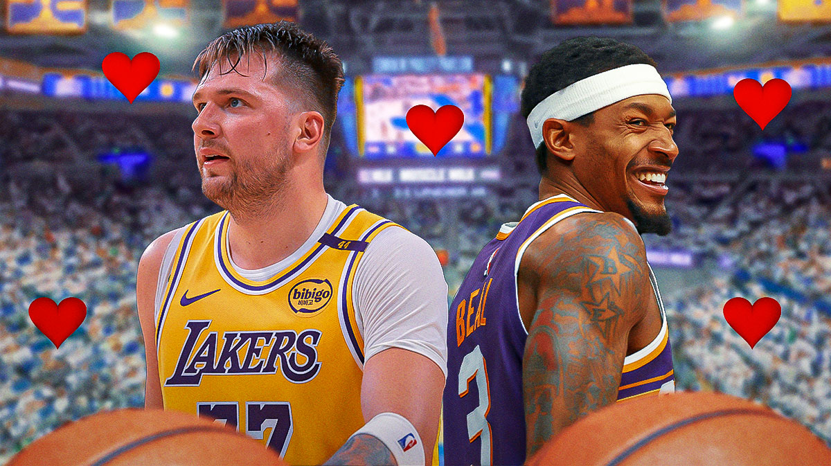 Luka Doncic and Bradley Beal with Valentine's Day hearts around the picture.