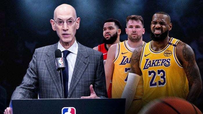 NBA commissioner Adam Silver with a microphone in front of him, with LeBron James, Luka Doncic, and Fred VanVleet all with tears going down their faces.