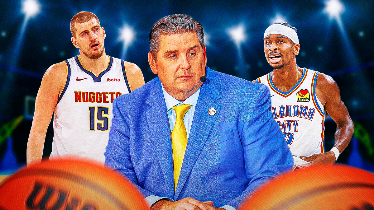 Shai Gilgeous-Alexander, Nikola Jokic, and Brian Windhorst in the middle.